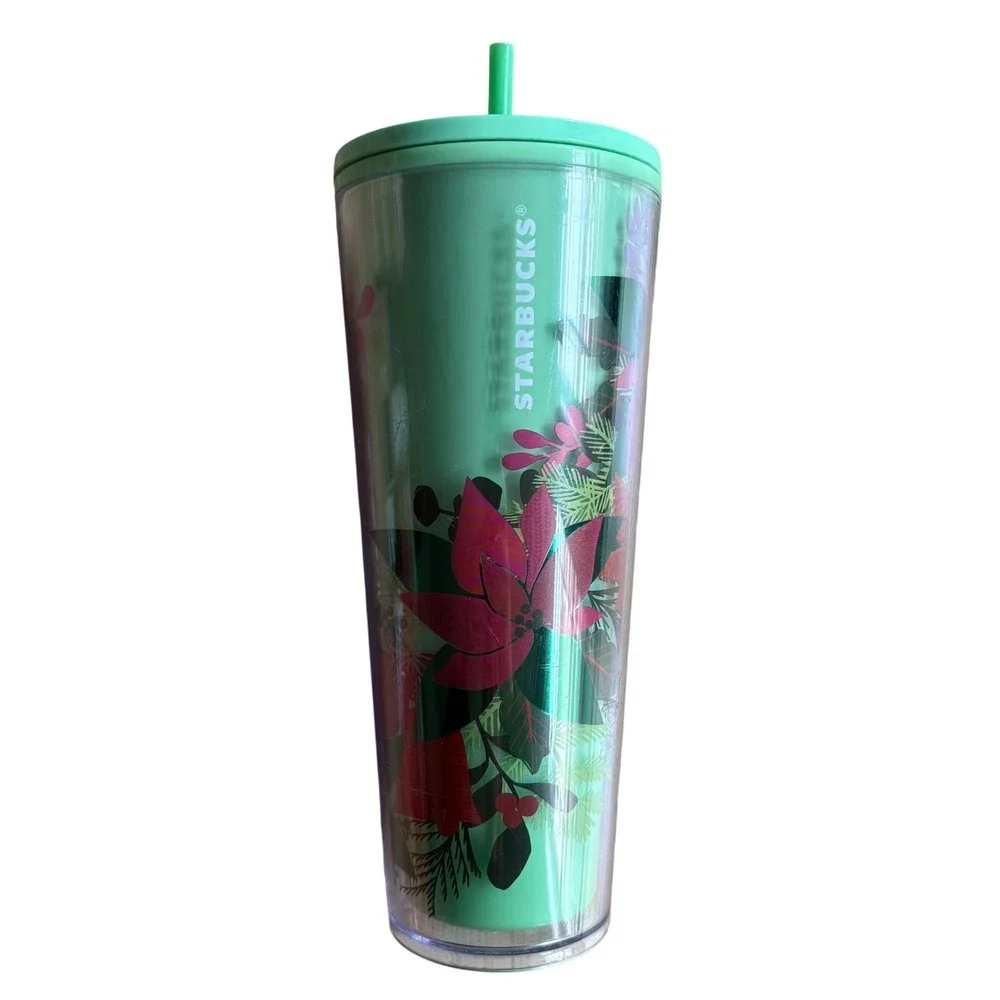 STARBUCKS‎ 2021 Ltd Edition Color Change Tumbler Green Poinsettia Holiday 24 oz